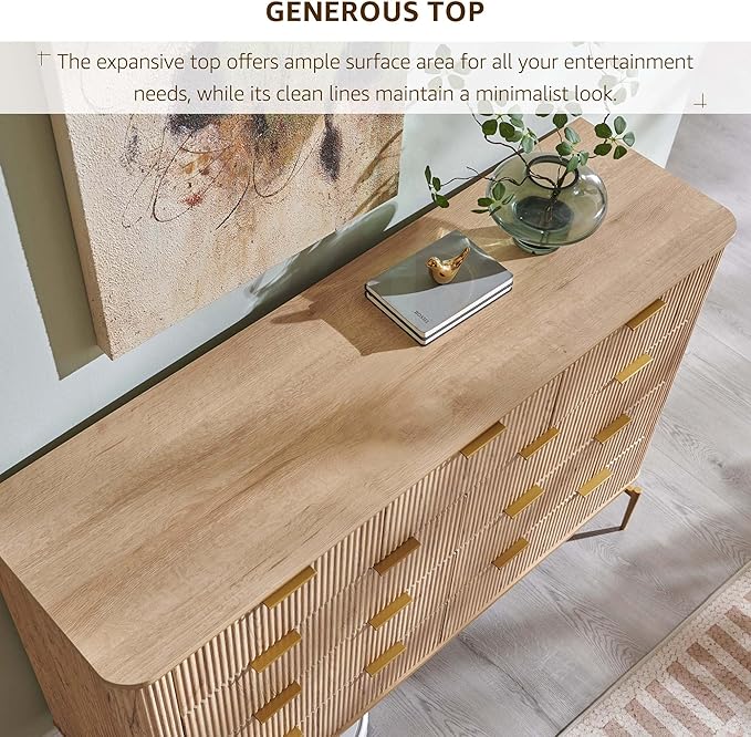 T4TREAM Fluted 9 Drawers Dresser, Modern Wooden Top Chest of Drawers with Curved Profile Design, Dresser TV Stand Drawer Organizers for Bedroom, Living Room, Hallway(Natural Oak)