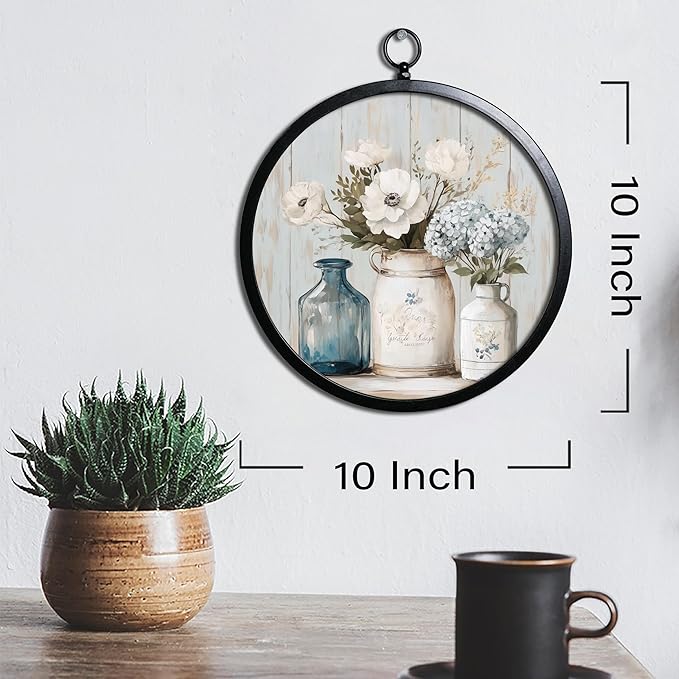 XIAOAIKA Vintage Wall Art with Metal Frame, Round Wood Print Featuring Mason Jar Flower Bouquet, Boho Wall Decor for Living Room, Bedroom, Kitchen, 10 Inch