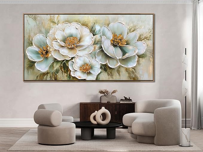 Arjun Big Size Framed Canvas Wall Art for Bedroom, Large Wood Frame Vintage Flower Painting Living Room Textured Artwork Gold Picture Bloosom Dining Room Kitchen Home Office Wall Decor, 58"x29"