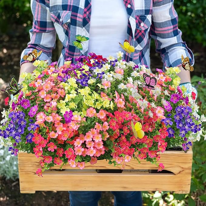 18 Bundles Artificial Flowers for Outdoors No Fade Fake Plants Faux Flowers for Spring Summer Decor, UV Resistant Artificial Outdoor Plants for Outside & Indoor Planter Porch Balcony Patio Decor - Mix
