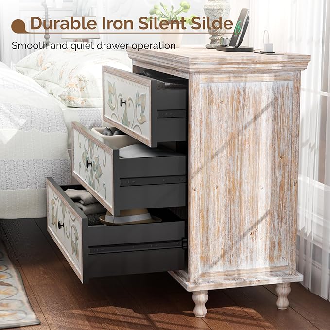 VINGLI Washed White Dresser with Charging Station, 3 Drawer Dresser Boho Wood Chest of Drawers, Wooden Dressers with Drawers and Solid Wood Legs