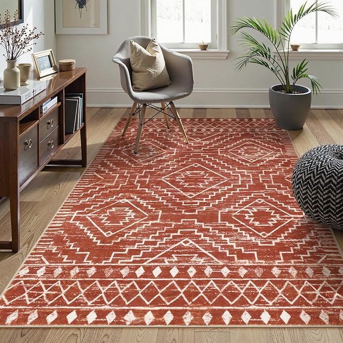 Wonnitar Moroccan 5x7 Area Rugs, Large Soft Rug for Dining Room, Washable Bohemian Tribal Living Room Bedroom Rug, Geometric Non-Shedding Indoor Carpet for Closet Nursery Entry (Brown,5'x7')