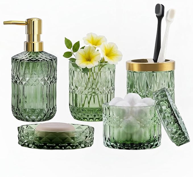 LaMarriti Green Bathroom Accessories Set, 6 Pcs Clear Glass Bathroom Set, Soap Dispenser, Soap Dish, Toothbrush Holder, Tumbler, Q-Tips Holder for Vintage Crystal Bathroom Decor, Gift Set