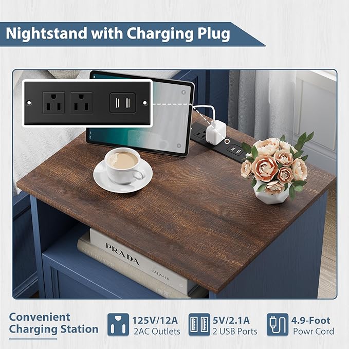 19.7" Nightstand with Charging Station, Farmhouse End Table with 2 Drawers Storage, Blue Wooden Night Stand, Bed Side Table with Open Shelf, Bedside Cabinet for Bedroom, Living Room