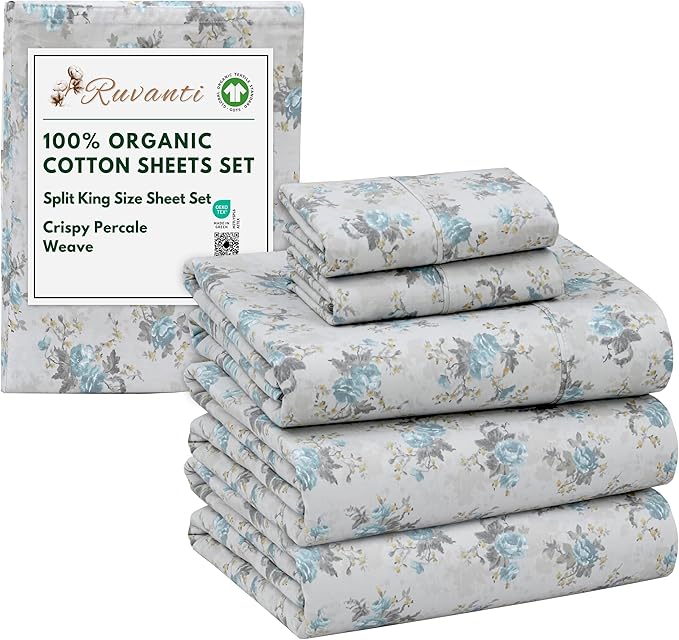 RUVANTI 100% Organic Cotton Sheets Split King, Percale Weave, GOTS Certified, 5-Piece Set, Deep Pocket 15", Crisp & Breathable, Soft Durable Bedding, Sábanas Algodón Orgánico – Blue Rose