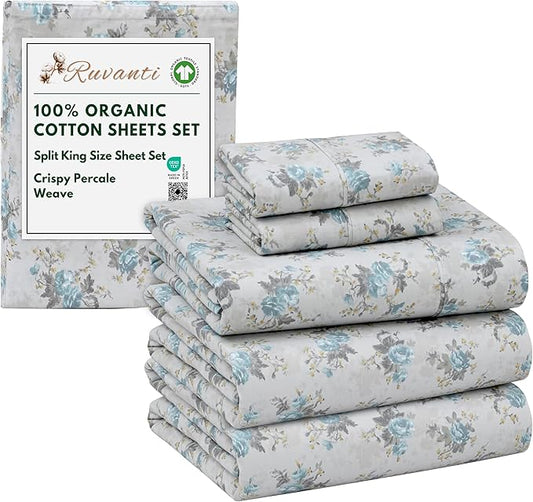 RUVANTI 100% Organic Cotton Sheets Split King, Percale Weave, GOTS Certified, 5-Piece Set, Deep Pocket 15", Crisp & Breathable, Soft Durable Bedding, Sábanas Algodón Orgánico – Blue Rose