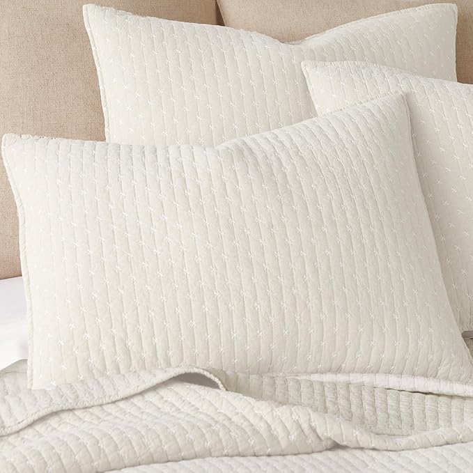 Levtex Home - Cross Stitch Quilt Set - 100% Cotton - King Quilt (106x92in.) + 2 King Shams (36x20in.) - Cream