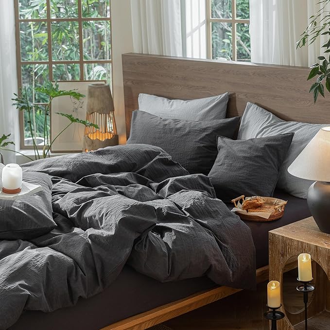 MooMee Wavy Striped Duvet Cover Set 100% Washed Cotton Linen Like Textured Breathable Durable Soft Comfy (Charocal Grey, King 104"x90")
