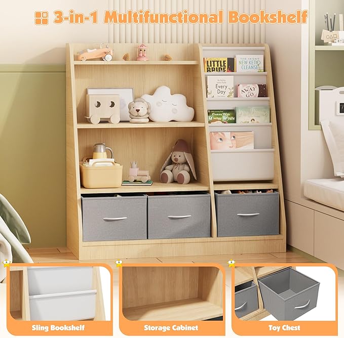 NACHES Kids Bookshelf and Toy Storage Organizer, Montessori Nursery Book Shelves with Sling Rack & Fabric Toy Bins, Children Toddler Baby Bookcase, Wooden Toy Shelf for Kids Room, Playroom, Burlywood
