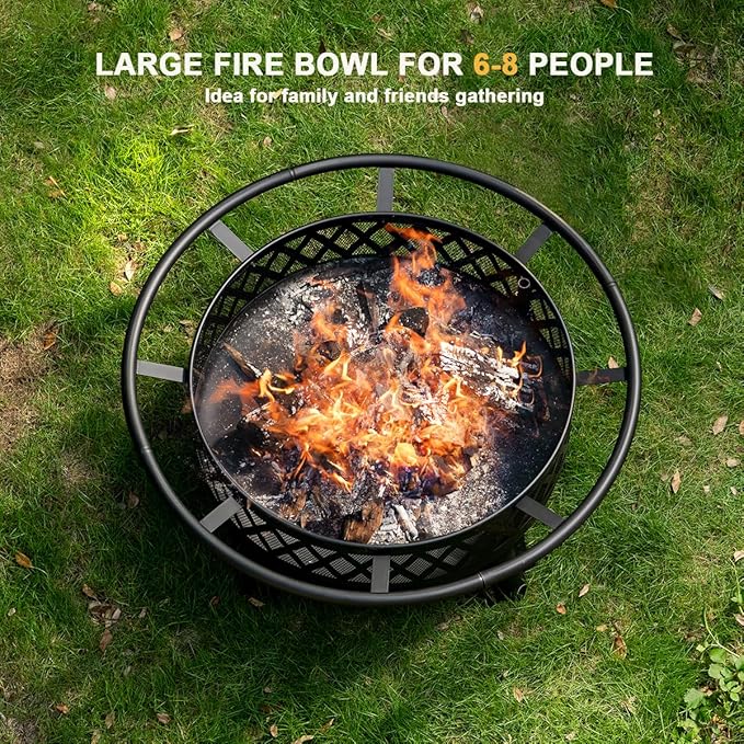 Panovue 38 Inch Wood Burning Fire Pit for Outside, Round Firepit with Grill & Metal Lid, Metal Outdoor Fire Pit Table for Patio Backyard Garden Bonfire Party