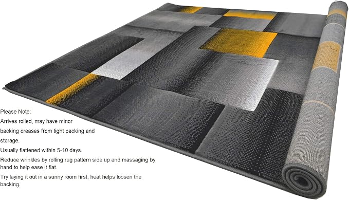 HR Rug in Orangish Yellow - Premium Quality Orangish Yellow/Black/Gray Abstract Geometric Modern Squares Pattern Area Rug - Contemporary Styling for Living Room, Bedroom - Unique Home Décor