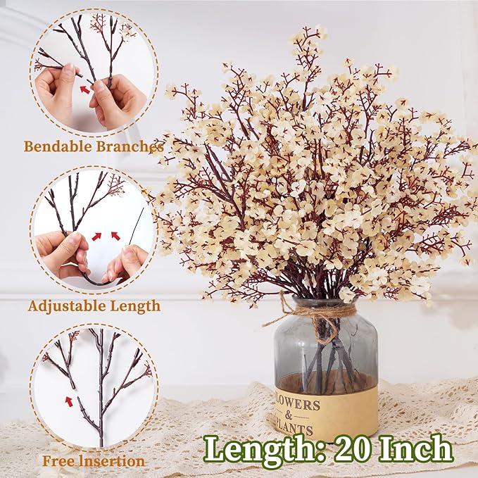 Yastouay 10 Pcs Fake Flowers Artificial Flowers, Real Touch Silk Flowers Faux Artificial Flowers for Decorations, Champagne Babys Breath Artificial Flowers Bulk for Spring Decor Floral Arrangement