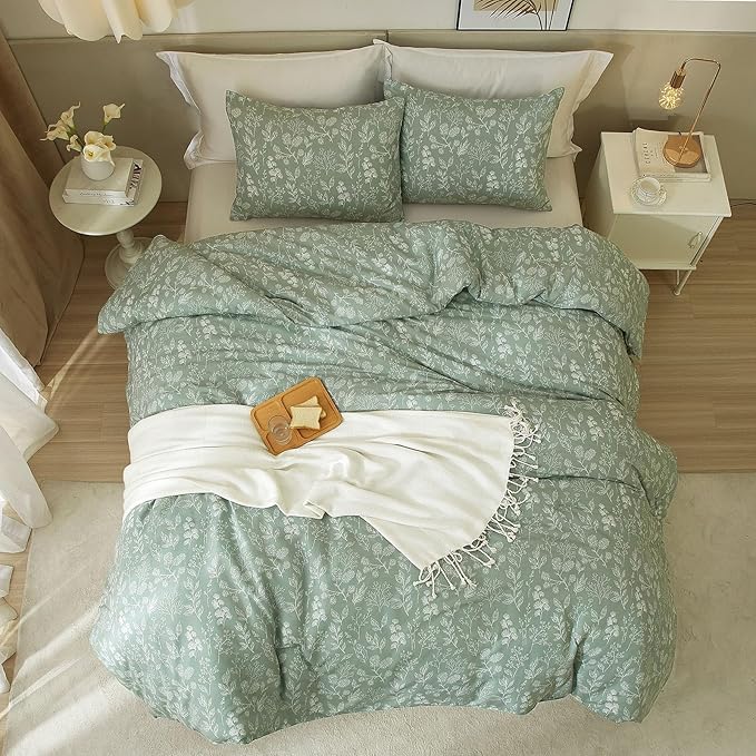 3 Piece Duvet Cover King Size Green Floral Soft 100% Cotton Garden Botanical Bedding Set for Women Girls Aesthetic King Bed Comforter Cover with 2 Pillowcases,Chic,Lightweight