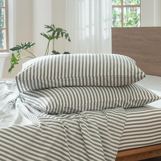 MooMee Striped Duvet Cover Set 100% Washed Cotton Linen Like Textured Breathable Durable Soft Comfy (Heathered Green Classic Stripes, Alaska King 132"x120")