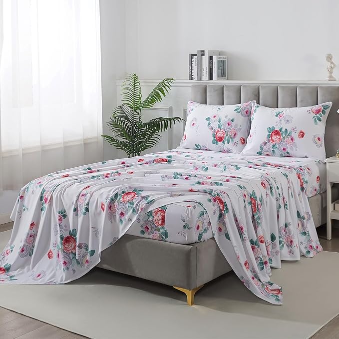 FADFAY Red Vintage Peony Floral King Size Sheets Set 100% Brushed Cotton Shabby Purple Rose Pattern Bedding Set Deep Pocket Sheets with 2 Pillowcases Luxury Breathable Soft 4pcs, King Size