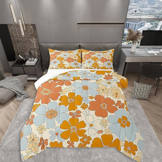 Castle Fairy Retro 70s 60s Floral Hippie Comforter Set Twin Size,Summer Groovy Flowers Quilt Set for Kids Boys Bedroom Collection,Boho Plant Polyester Bedding with 1 Pillowcase,2Pcs