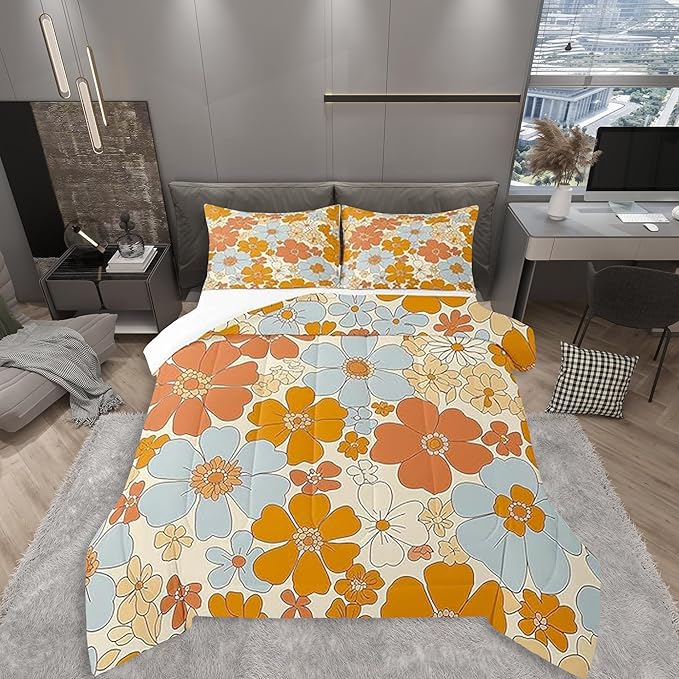 Retro 70s 60s Floral Hippie Bedding Set King Size,Summer Groovy Flowers Comforter Set Room Decor for Couple,Boho Plant Microfiber Down Comforter,2 Pillowcases