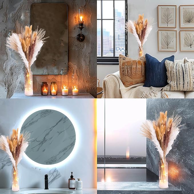 60PCS of Boho Pampas Grass in Glass Vase with LED Lights & Faux Crystals, Naturally Dried Pompas, Bunny Tails Dried Flowers,Perfect for Weddings, Farmhouse Boho Wall Bathroom Office Kitchen Decor