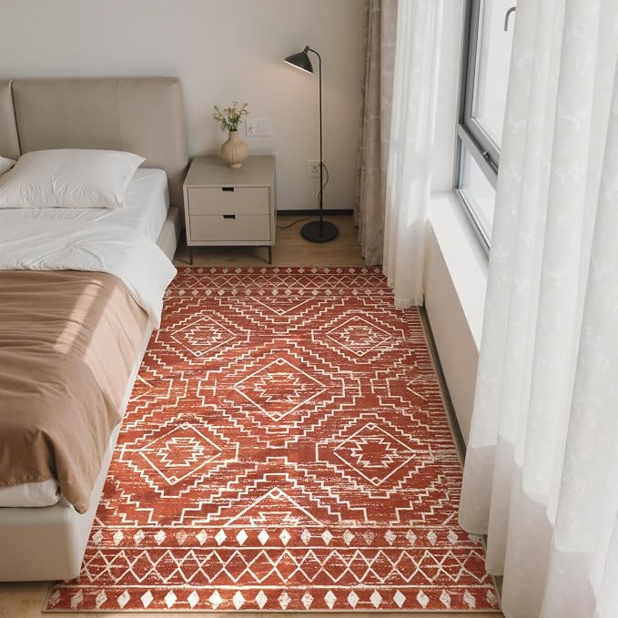 Wonnitar Moroccan Washable Area Rug, 3x5 Non-Slip Rugs for Living Room, Geometric Tribal Kitchen Entry Throw Mat, Soft Low Pile Non-Shedding Carpet for Bedroom Apartment Dorm (Brown,3'x5')