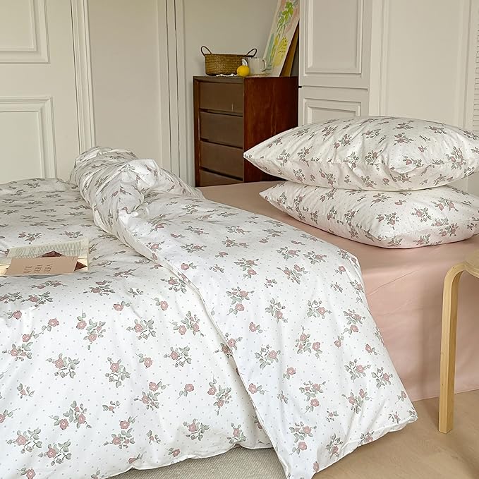 AOJIM Kids Adults Aesthetic Duvet Cover Set for Room Decor, Pure Cotton Comforter Cover Set 3pcs with Red Floral Pattern, 1 Super Soft Quilt Cover Queen Size and 2 Matching Pillowcases, No Comforter