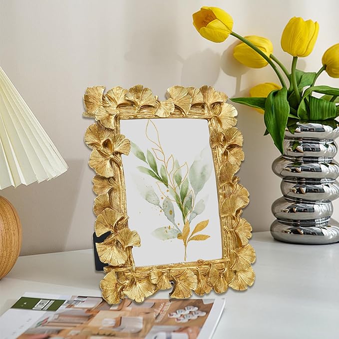 Gold Picture Frames, 4x6 Vintage Gold Frames, Ornate Ginkgo Leaf Textured Hand-Crafted Resin with Glass Front, Antique Photo Frame for Tabletop or Wall Hanging, Retro Design Home Decor