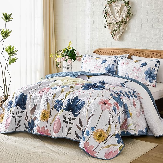 Anibedding Dark Blue Quilt Set Full Size, Floral Bedspread Soft Microfiber Lightweight Quilt Bedding Sets Flower Coverlet for All Season(Full,78"x90")