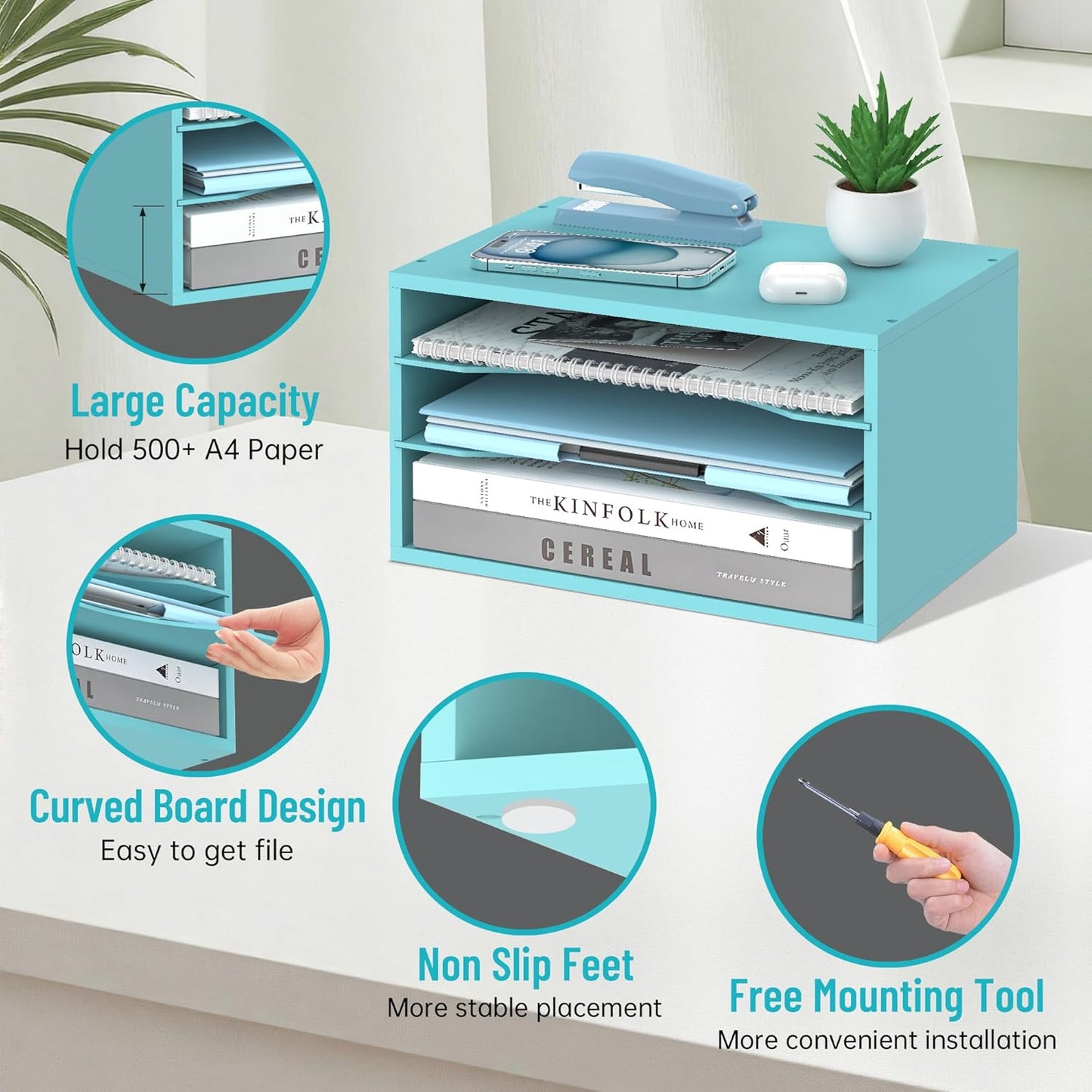 Skiennix Wood Desk Organizer - 3-Tier Adjustable Paper Tray for Office & Home | Blue