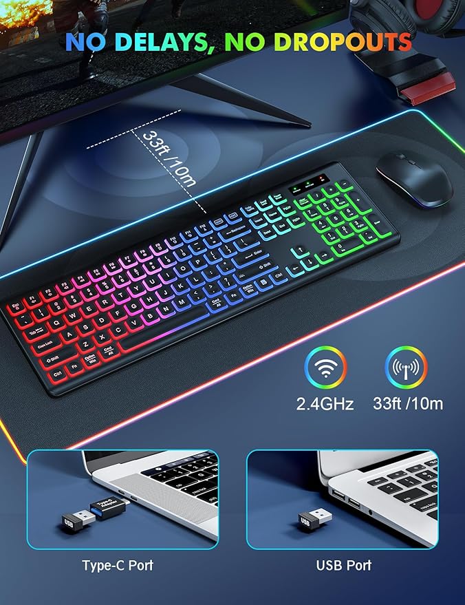 Wireless Keyboard and Mouse Combo, RGB Backlit, Rechargeable & Light Up Letters, Full-Size, Soft Typing, Sleep Mode, 2.4GHz Quiet Keyboard Set for Mac, Windows, Laptop, PC, Trueque (Black)