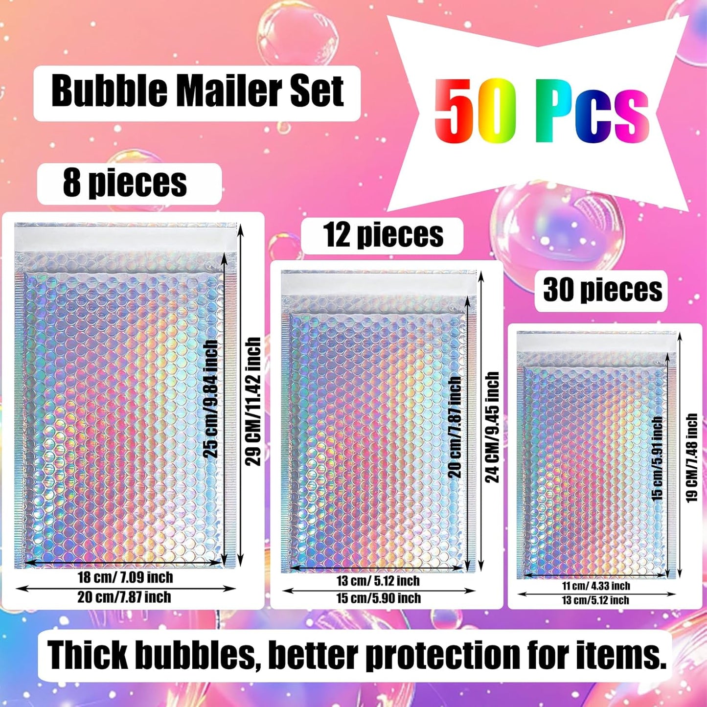 Skiennix Metallic Bubble Mailers - Waterproof Holographic Padded Envelopes | 50 PCS for Small Business Shipping