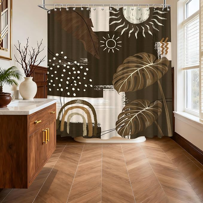 Dark Brown Mid Century Modern Shower Curtain Boho Abstract Khaki Earth Tone Shower Curtains for Bathroom Decor Sets, Waterproof Cloth Fabric with Hooks, 108 x 72 Inch