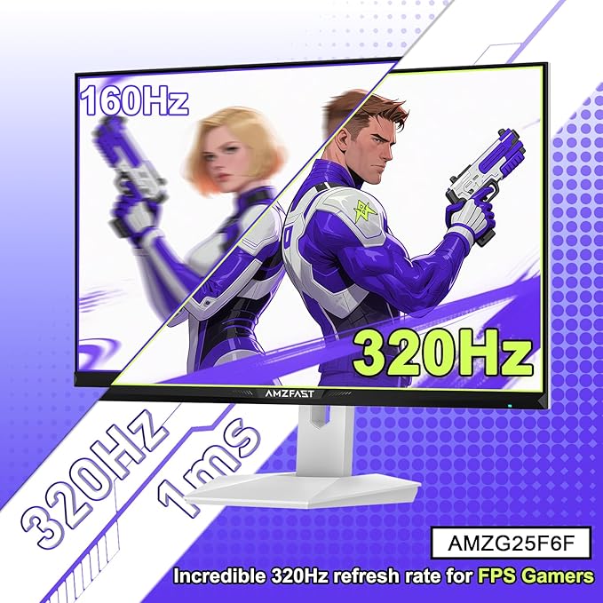 Amzfast 25 Inch White Gaming Monitor 320Hz/300Hz/240Hz, FHD 1080P 1ms Fast IPS Monitor, 12 Months Warranty Exchange (HDMI & DP Dual Cable) TÜV Rheinland Eye Care | AI Crosshair, Night Vision Function