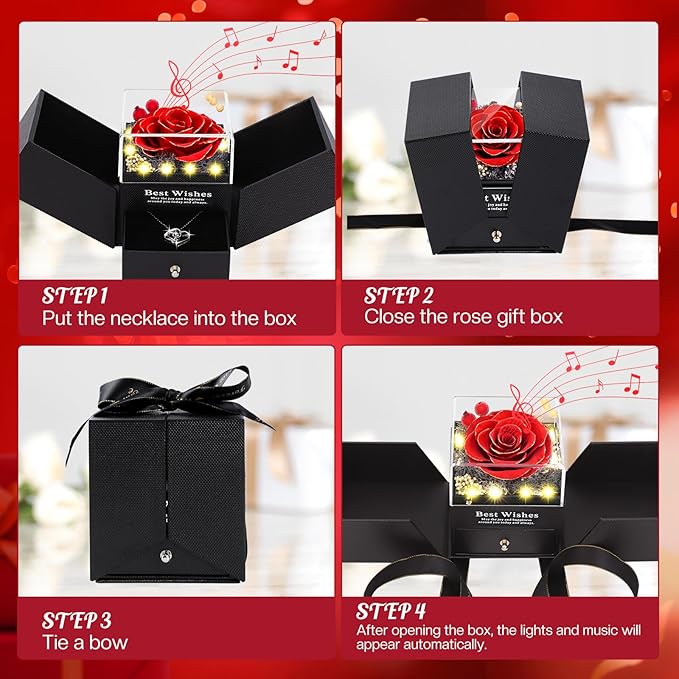 Christmas Birthday Gifts for Women - Preserved Real Rose with I Love You Heart 100-Language Necklace, LED Lights & Music Gift Box, Christmas for Women Girlfriend Mom