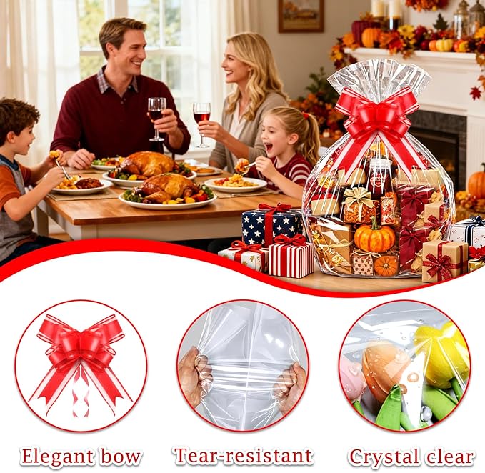 PigPotParty 24"x30" Clear Cellophane Gift Bags - Includes Bows – 10 Pack Large Cellophane Wrap for Gift Baskets, Plastic Gifts Bags for Gift Giving