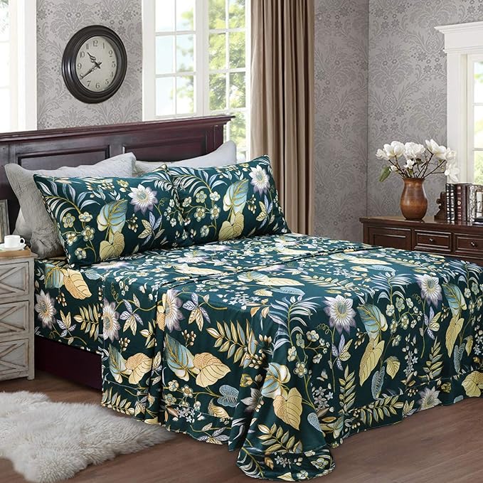 FADFAY Sheets Set Queen Teal Elegant Floral Sheets Tropical Plam Leave Sunflower Bedding 800 Thread Count Luxury Summer Bedding 100% Egyptian Cotton Deep Pocket Bed Sheets Set, 4 Pieces-Queen Size