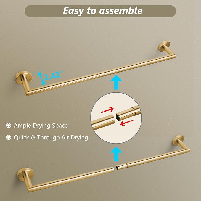JunSun Towel Bar 30 Inch Bathroom Towel Rack Heavy Duty Bath Towel Holder Modern Towel Rod Brushed Brass Towel Hanger Bathroom Accessories Gold Towel Rail Stainless Steel Single Towel Bar Brushed Gold