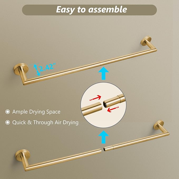 Bathroom Towel Bar 24 Inch Towel Rack Wall Mount Bath Towel Holder Modern Towel Rod Gold Bath Towel Hanger Stainless Steel Brushed Brass Bathroom Accessories Towel Rail Single Towel Bars Brushed Gold