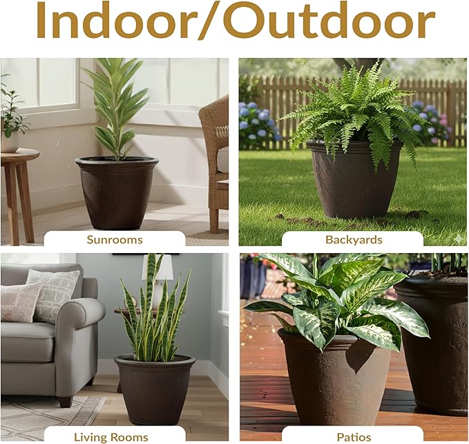 Sunnydaze 15.25-Inch Anjelica Large Plastic Pot for Plants - Double-Walled Outdoor Polyresin Round Planter with Drillable Drainage Holes - Rust - 2pk