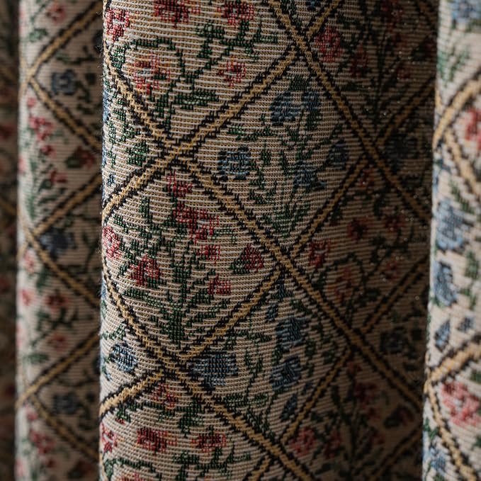 ENJOYBRIDAL Floral Living Room Curtains 63 Inch Length Boho Drapes Short Jacquard Semi Sheer Bedroom Window Curtains Patterned Farmhouse Country Rod Pocket Aesthetic Tassel 2 Panels Window Treatments