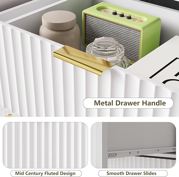 Fluted Dresser for Bedroom, 8 Drawer Dressers & Chest of Drawers, Mid Century Modern Dresser for Closet Boho Bedroom Furniture, Nature Wood Chest of Drawers Storage Organizer for Living Room, White
