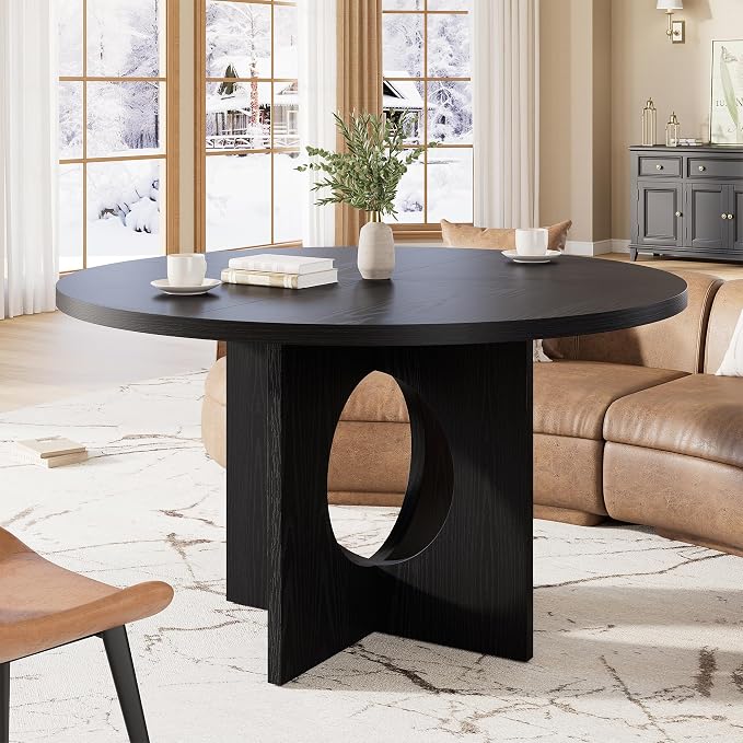 Garvee 47" Round Dining Table for 4-6 People - Circle Kitchen Dinner Table with Sturdy Pedestal Base, Space Saving Dinning Room Furniture for Living Room, Kitchen, Apartment, Black