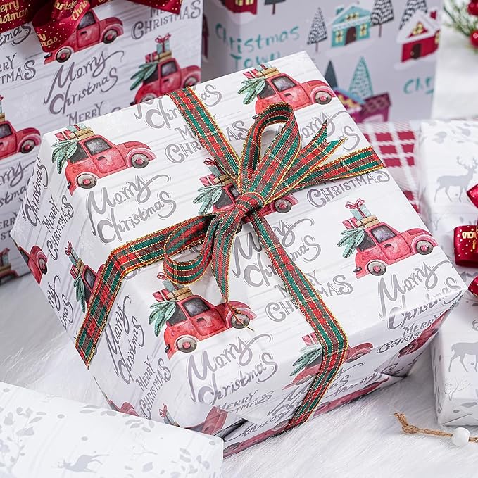 PlandRichW Christmas Wrapping Paper Folded 12 sheets for Kids Adults, 20 x 29 Inches Gift Wrap Paper Plaid, Barn, Red Truck, Moose, Woodland Scenes Designs