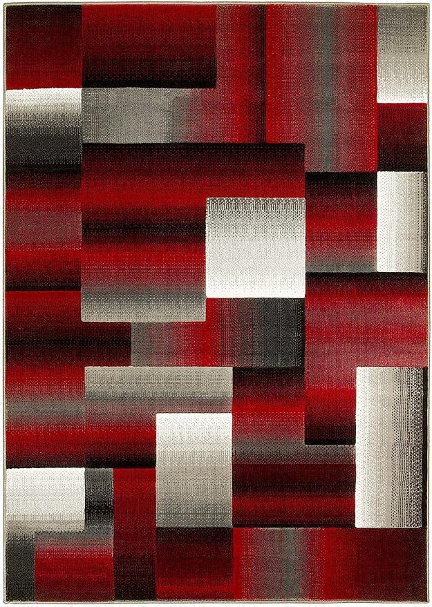 HR 8’ x 10’ Rug in Red - Premium Quality Red/Black/Gray Abstract Geometric Modern Squares Pattern Area Rug - Contemporary Styling for Living Room, Bedroom - Unique Home Décor