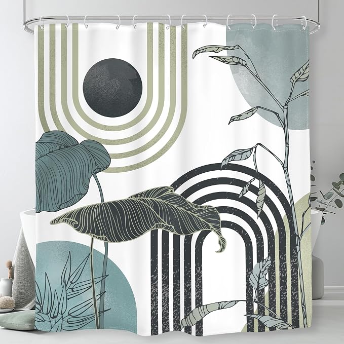 Glawry Green Teal Blue Abstract Shower Curtain Mid Century Boho Retro Tropical Palm Tree Leaves Sun Arch Modern Bathroom Geometric 60Wx72L Inches Bath Accessories Art Home Decor Fabric 12 Pack Hooks