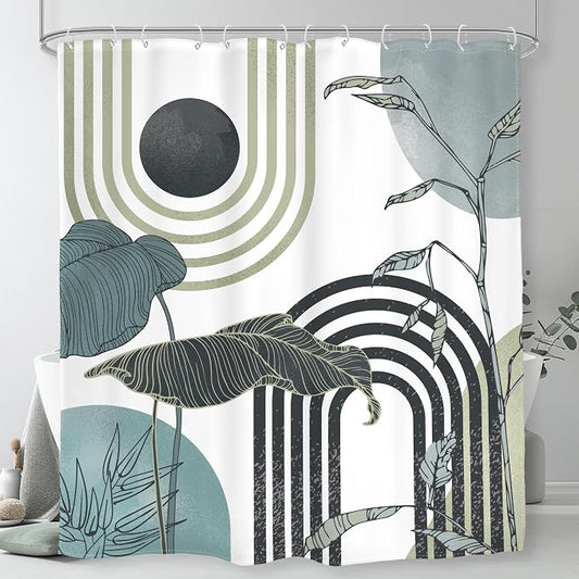 Glawry Green Teal Blue Abstract Shower Curtain Mid Century Boho Retro Tropical Palm Tree Leaves Sun Arch Modern Bathroom Geometric 60Wx72L Inches Bath Accessories Art Home Decor Fabric 12 Pack Hooks
