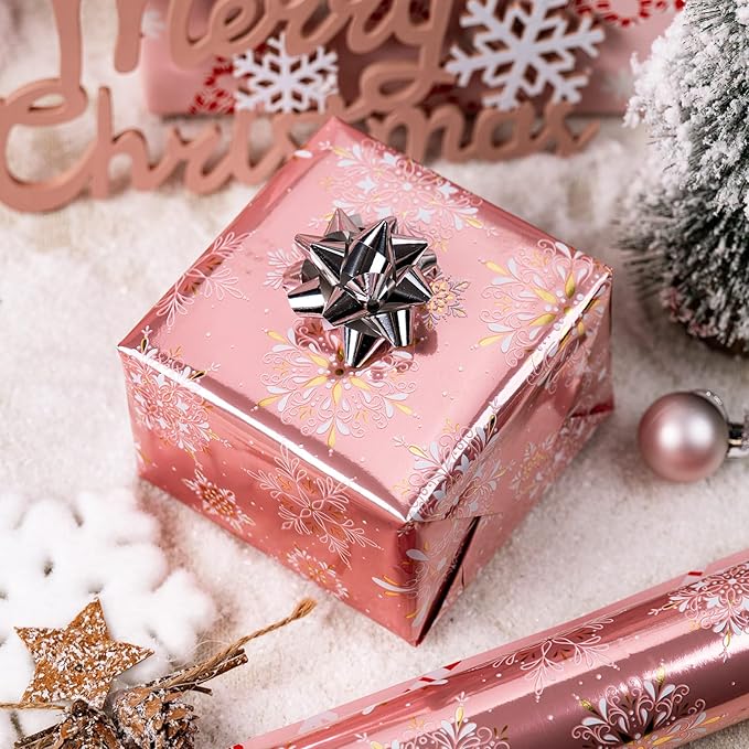 MAYPLUSS Pink Christmas Wrapping Paper Roll - 17IN X 33FT - Gift Wrapping Paper Featuring Gold and White Snowflake Reversible Candy Cane for Kids, Holiday, New Year
