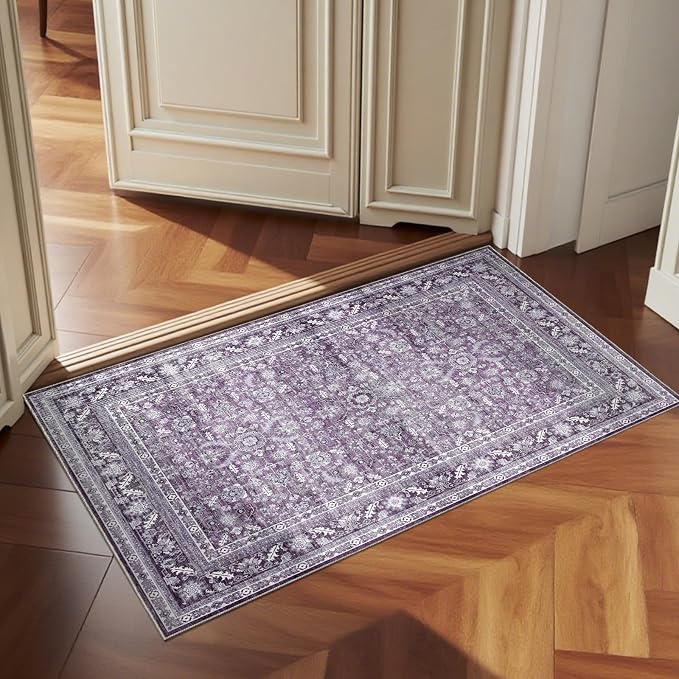 OPPODREAM Vintage Purple 2x3 Washable Rug, 2 x 3 Retro Door Mat Indoor Entrance Non Slip, Low-Pile Faux Wool Throw Carpet, Distressed Floor Mat for Kitchen, Hallway, Entry-Way, Back Door