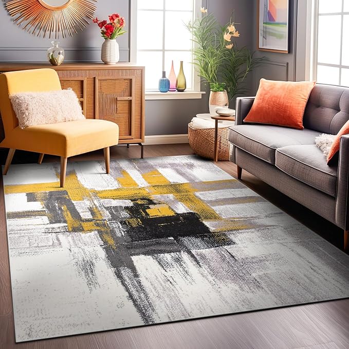 Rugshop Gold Modern Abstract Area Rug — Non-Shedding for Living Room, Bedroom and Dining Room 5' x 7'