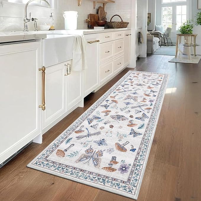 Washable 2x6 Vintage Mushroom Runners for Hallway Entryway Retro Distressed Kitchen Carpet Runner Low Pile Soft Bedside Boho Carpet Non Slip Bath Rug Thin Floral Accent Carpets, Beige