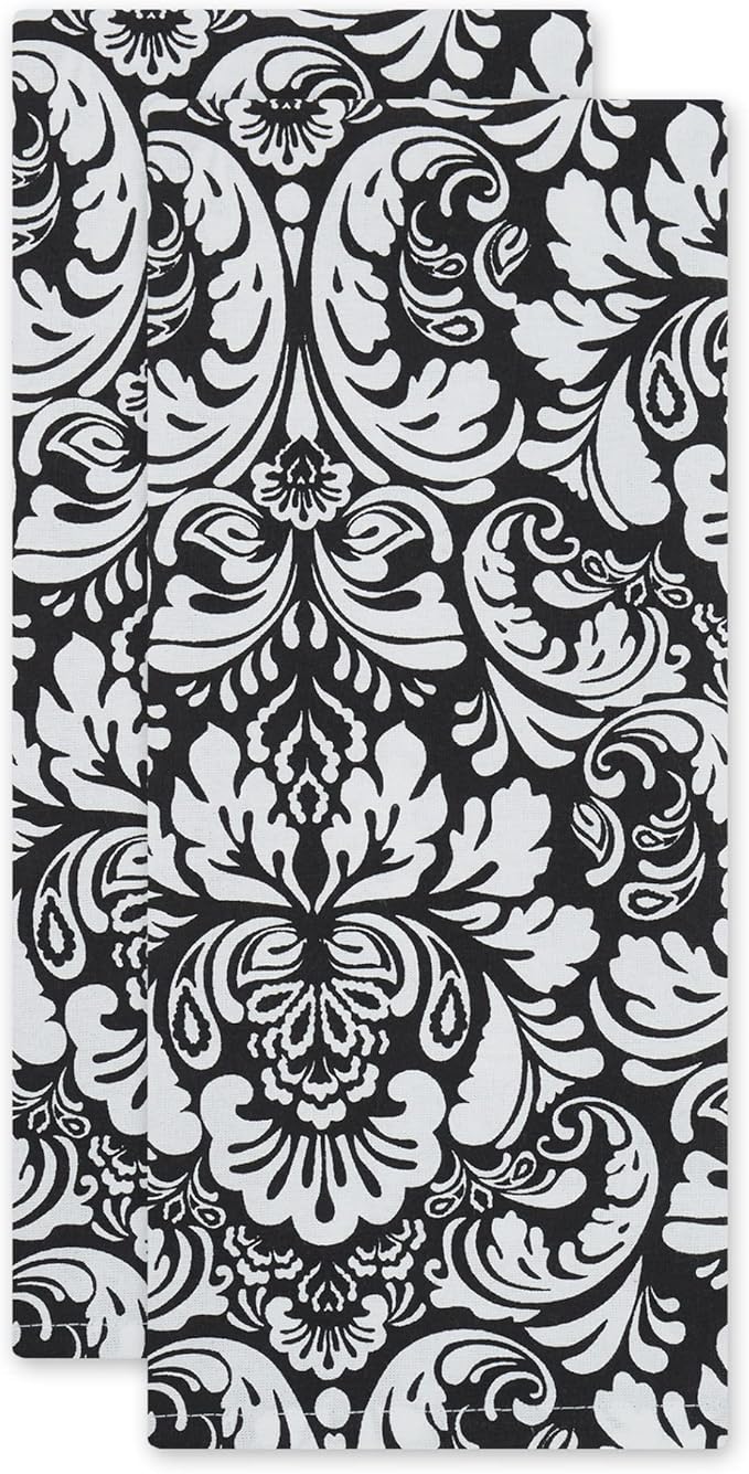 DII Cotton Dish Towel Set Damask Print, 18x28, Black, 2 Count