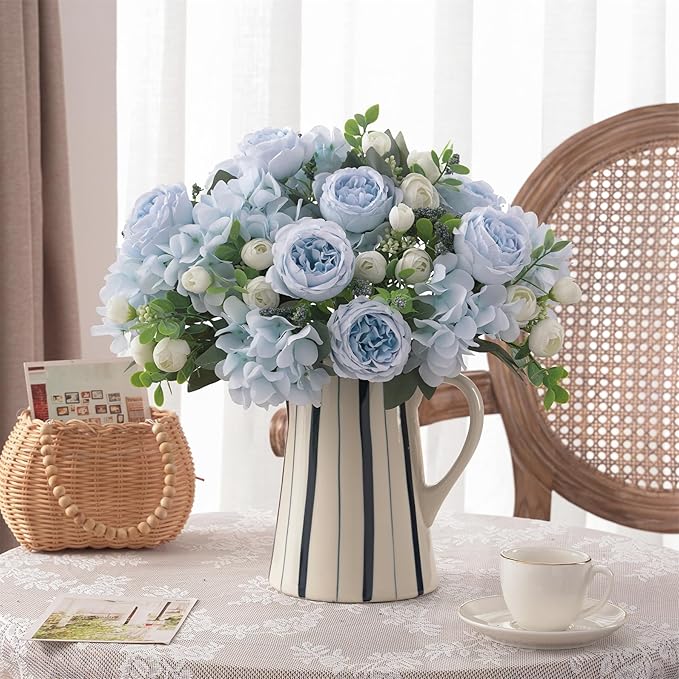 2 Bunches Artificial Peonies Flowers Silk Blue Peonies Fake Hydrangea Flowers Arrangements Table Centerpiece Faux Flores for Bridal Wedding Home Decor (2, Blue White)